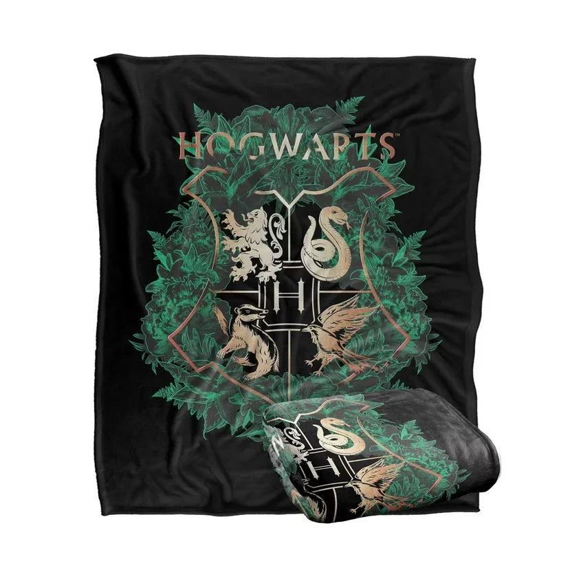 Harry Potter Hogwarts Green & Gold Floral Crest Throw Blanket – 50" x 60"