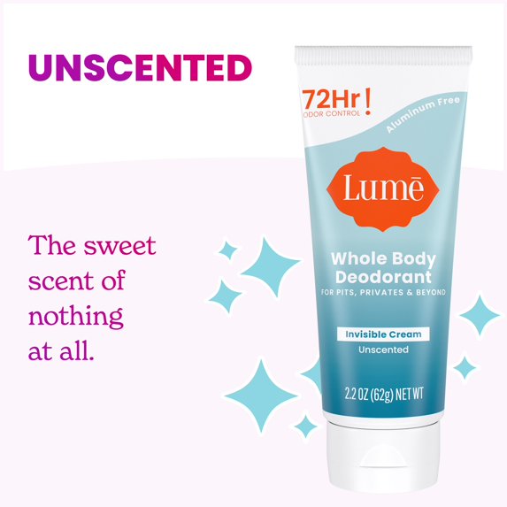 Lume Whole Body Women's Invisible Cream Tube Deodorant, Unscented, Aluminum-Free, 2.2 oz