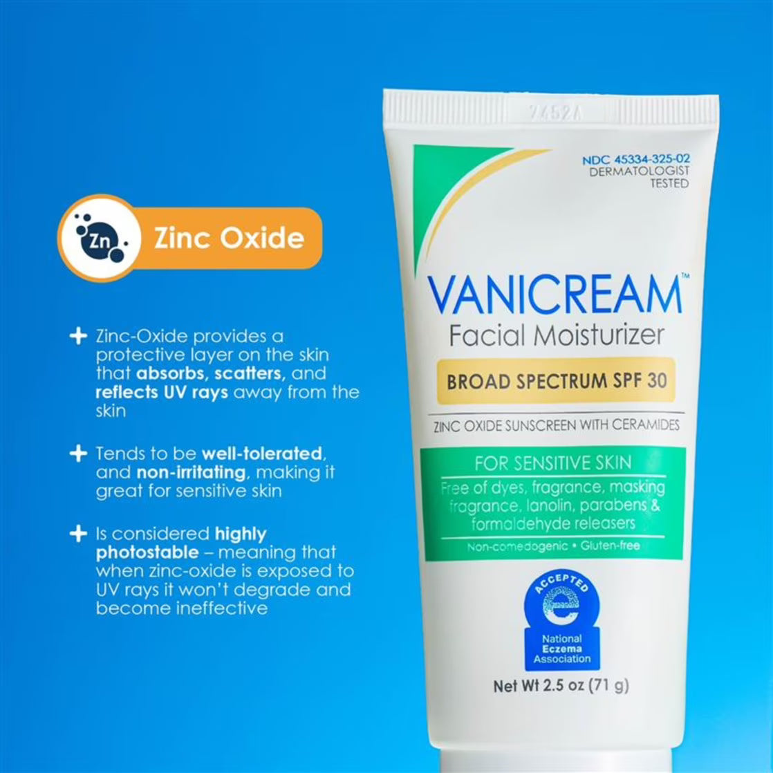 Vanicream Facial Moisturizer with SPF 30, Mineral Sunscreen with Ceramides for Sensitive Skin, Lightweight Broad-Spectrum Protection, Fragrance-Free, 2.5 oz