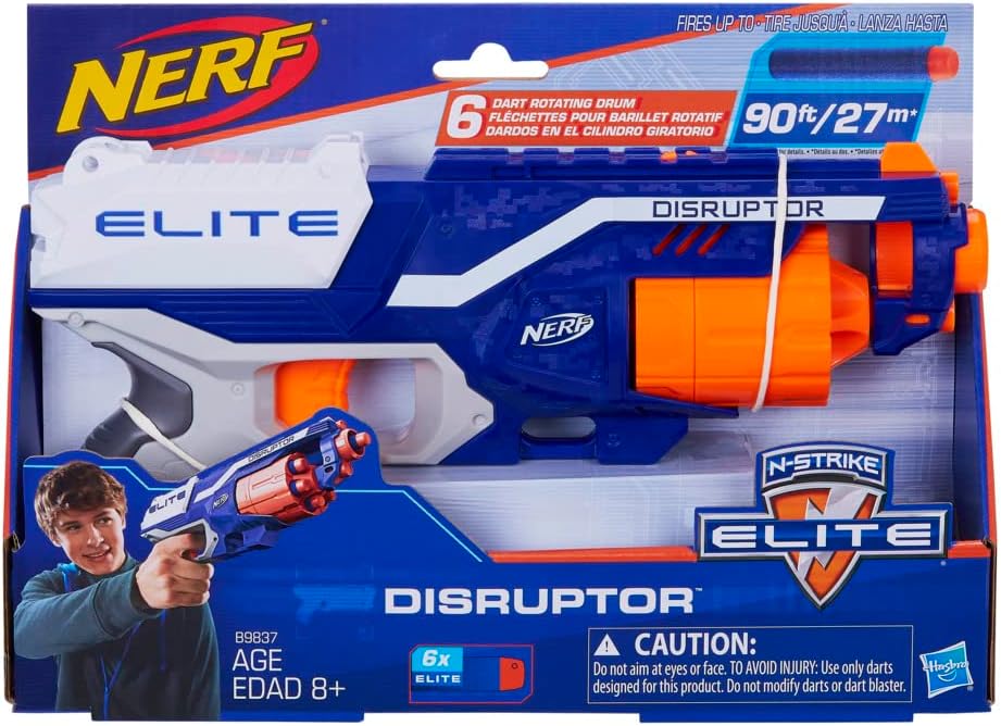 NERF Disruptor Elite Blaster - 6-Dart Rotating Drum, Slam Fire, Includes 6 Official Nerf Elite Darts - for Kids, Teens, Adults