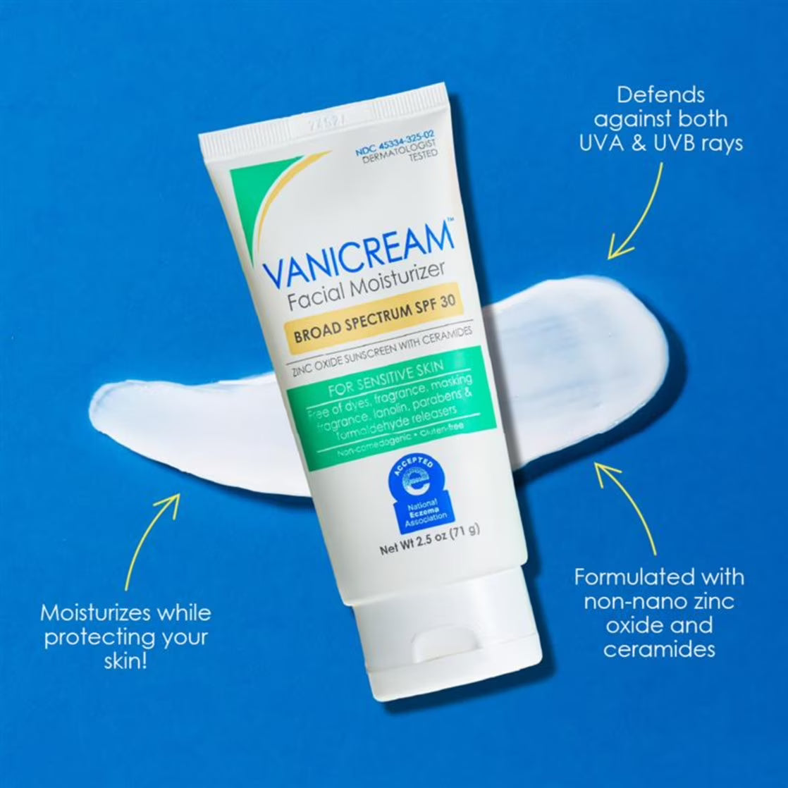 Vanicream Facial Moisturizer with SPF 30, Mineral Sunscreen with Ceramides for Sensitive Skin, Lightweight Broad-Spectrum Protection, Fragrance-Free, 2.5 oz