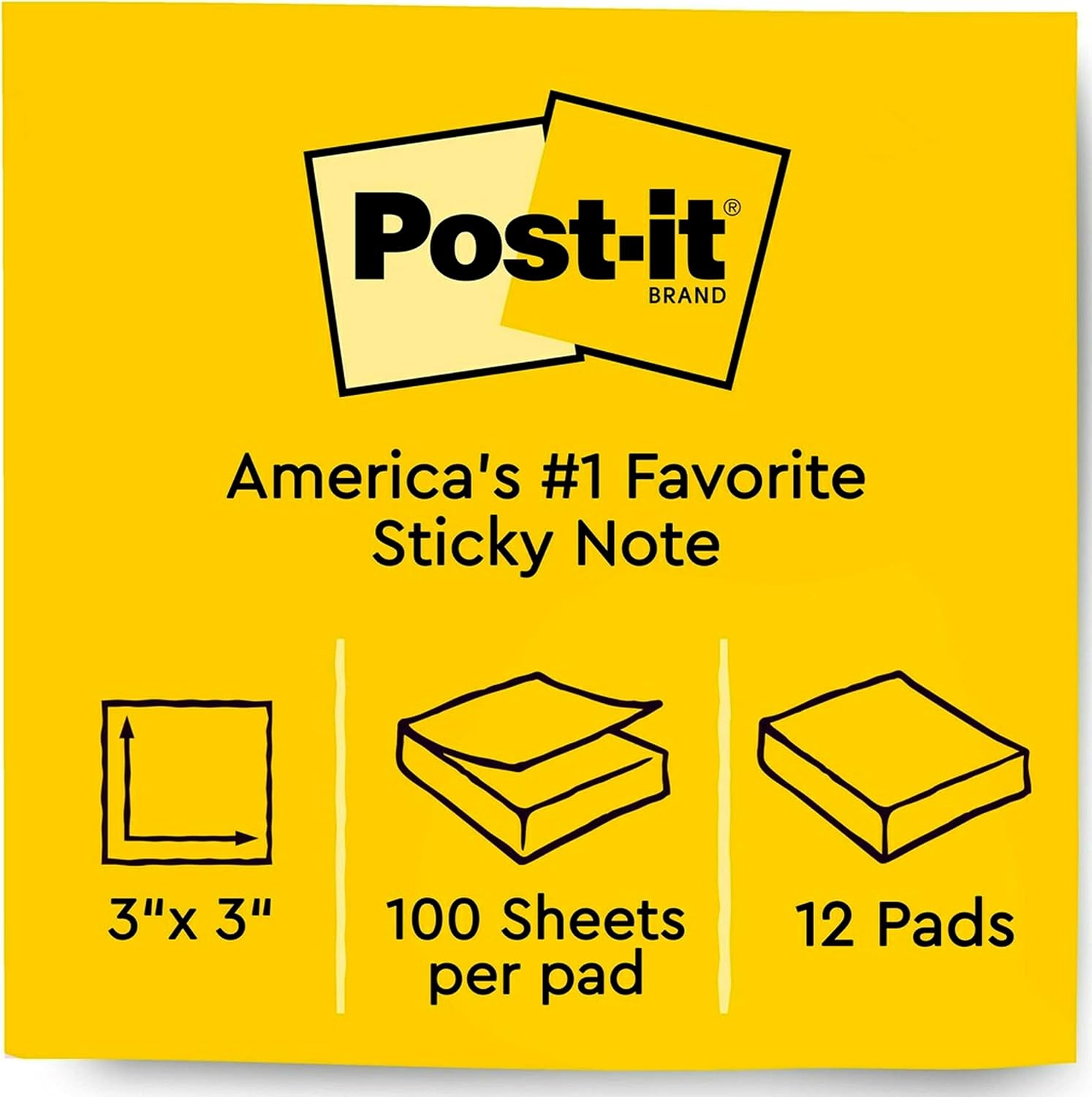 Post-it Notes 3x3 in, 12 Pads – Canary Yellow Sticky Notes, Clean Removal, Recyclable