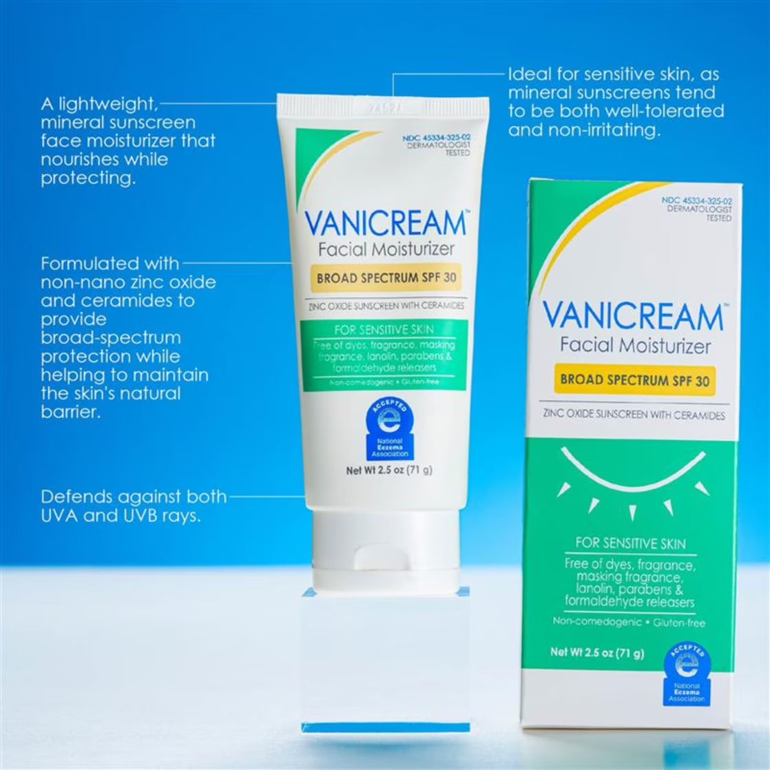 Vanicream Facial Moisturizer with SPF 30, Mineral Sunscreen with Ceramides for Sensitive Skin, Lightweight Broad-Spectrum Protection, Fragrance-Free, 2.5 oz