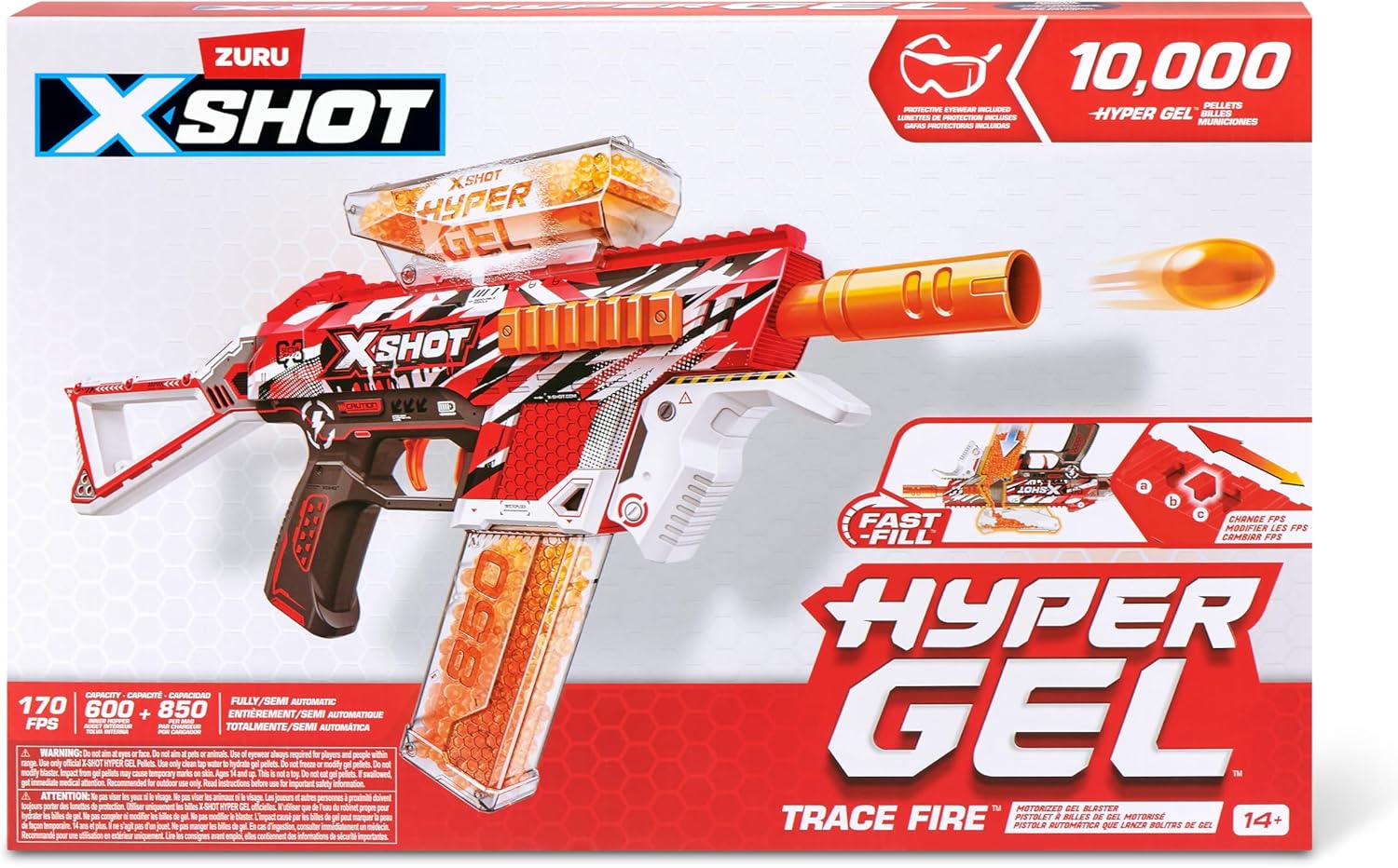 XSHOT Hyper Gel Trace Fire Blaster, Semi and Fully Automatic Gel Blaster & 10,000 Gellets, 600 Capacity Hopper & 850 Capacity Mag, Ages 14 & Up