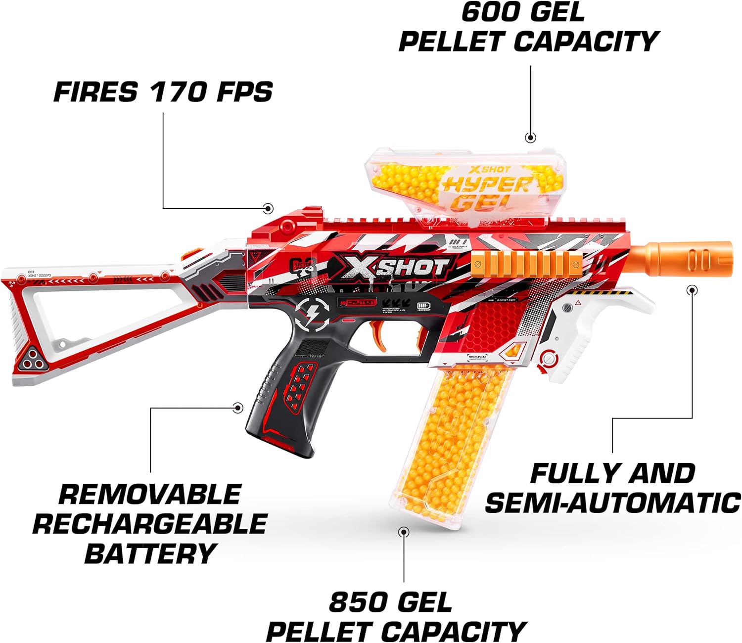 XSHOT Hyper Gel Trace Fire Blaster, Semi and Fully Automatic Gel Blaster & 10,000 Gellets, 600 Capacity Hopper & 850 Capacity Mag, Ages 14 & Up