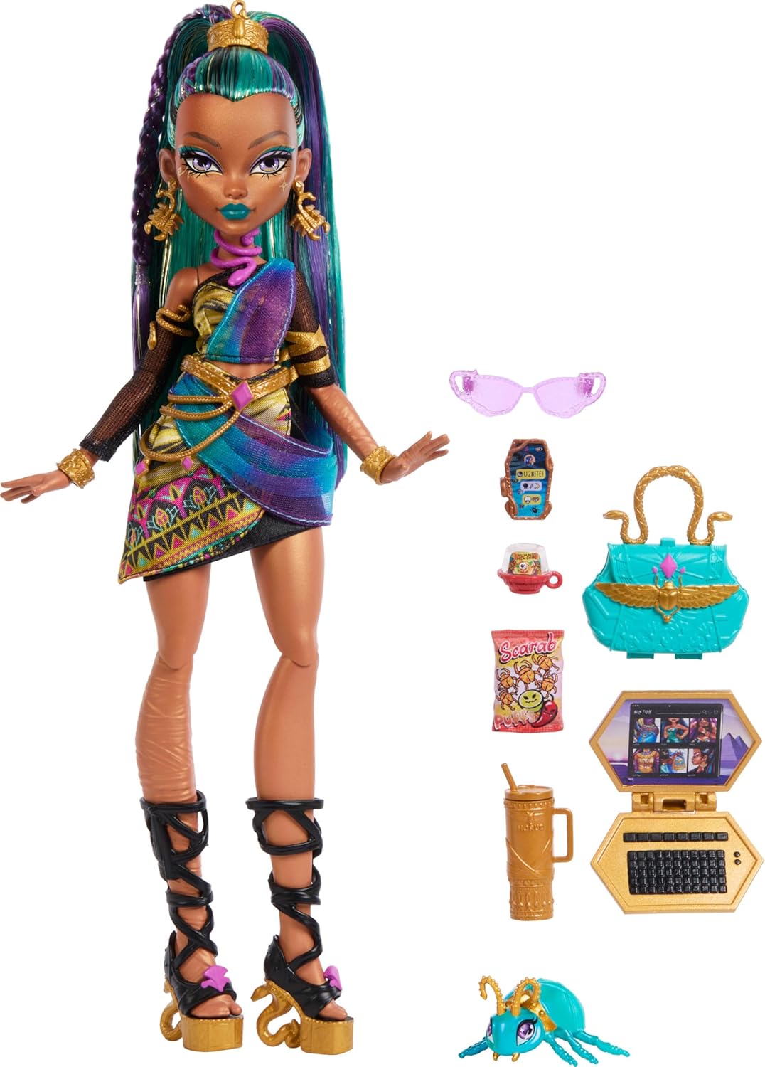 Nefera De Nile Doll, Royal Mummy in Dress with Pet Scarab Lavish and 7 Accessories