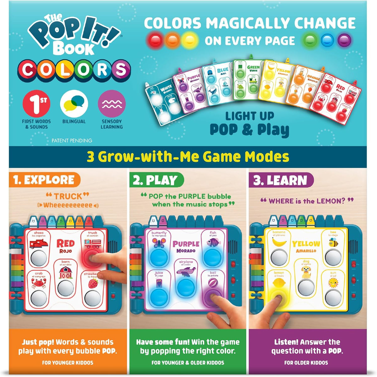 Chuckle & Roar Pop It! Book: Colors - Interactive Sensory Learning Book with Bilingual English & Spanish Play, Grow-with-Me Modes, Quiet Mode, Color Learning Toy for Toddlers Ages 1-4+