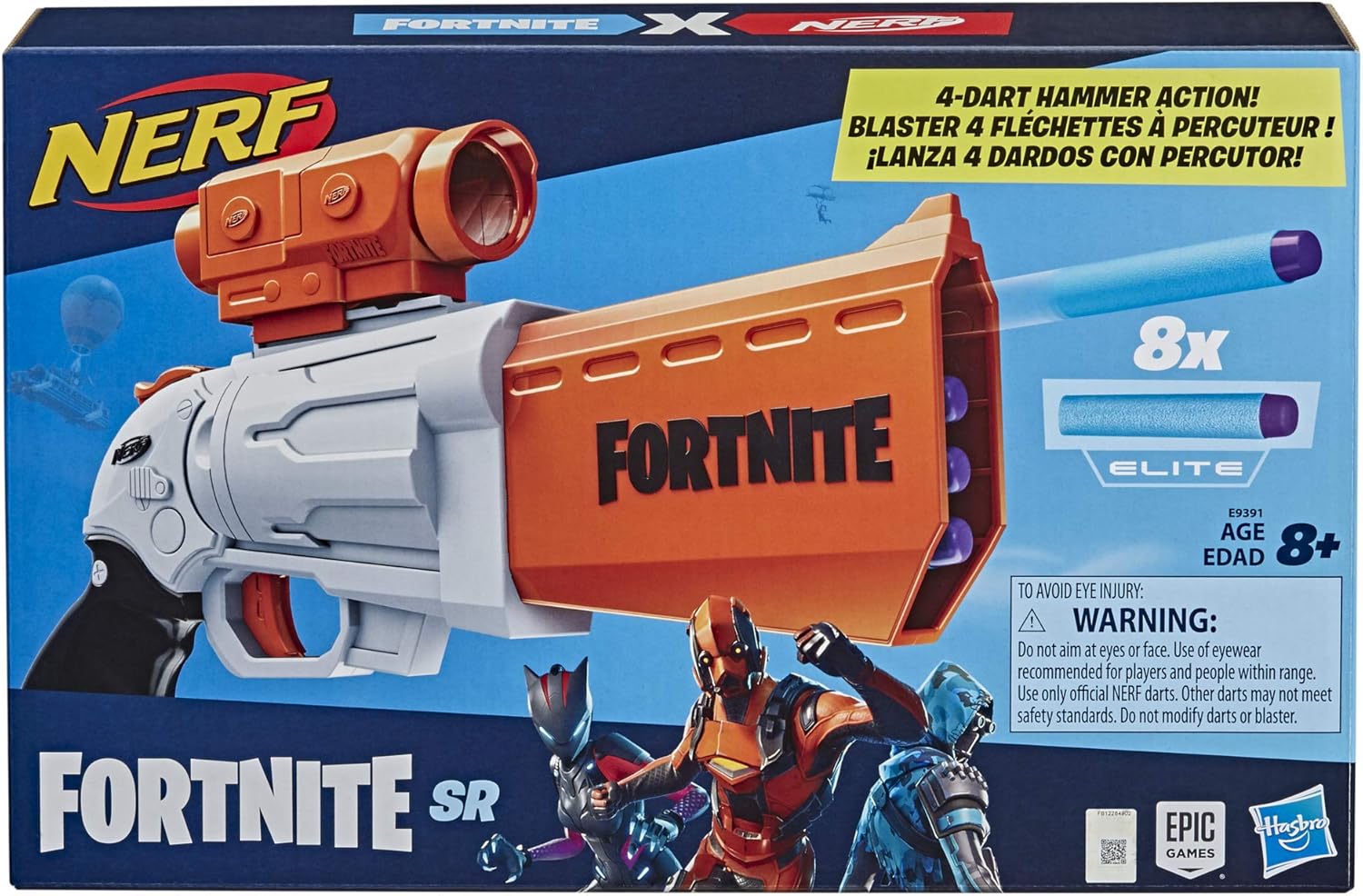 Nerf Fortnite SR Blaster - 4-Dart Hammer Action - Includes Removable Scope and 8 Official Nerf Elite Darts - for Youth, Teens, Adults