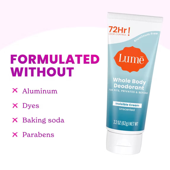 Lume Whole Body Women's Invisible Cream Tube Deodorant, Unscented, Aluminum-Free, 2.2 oz