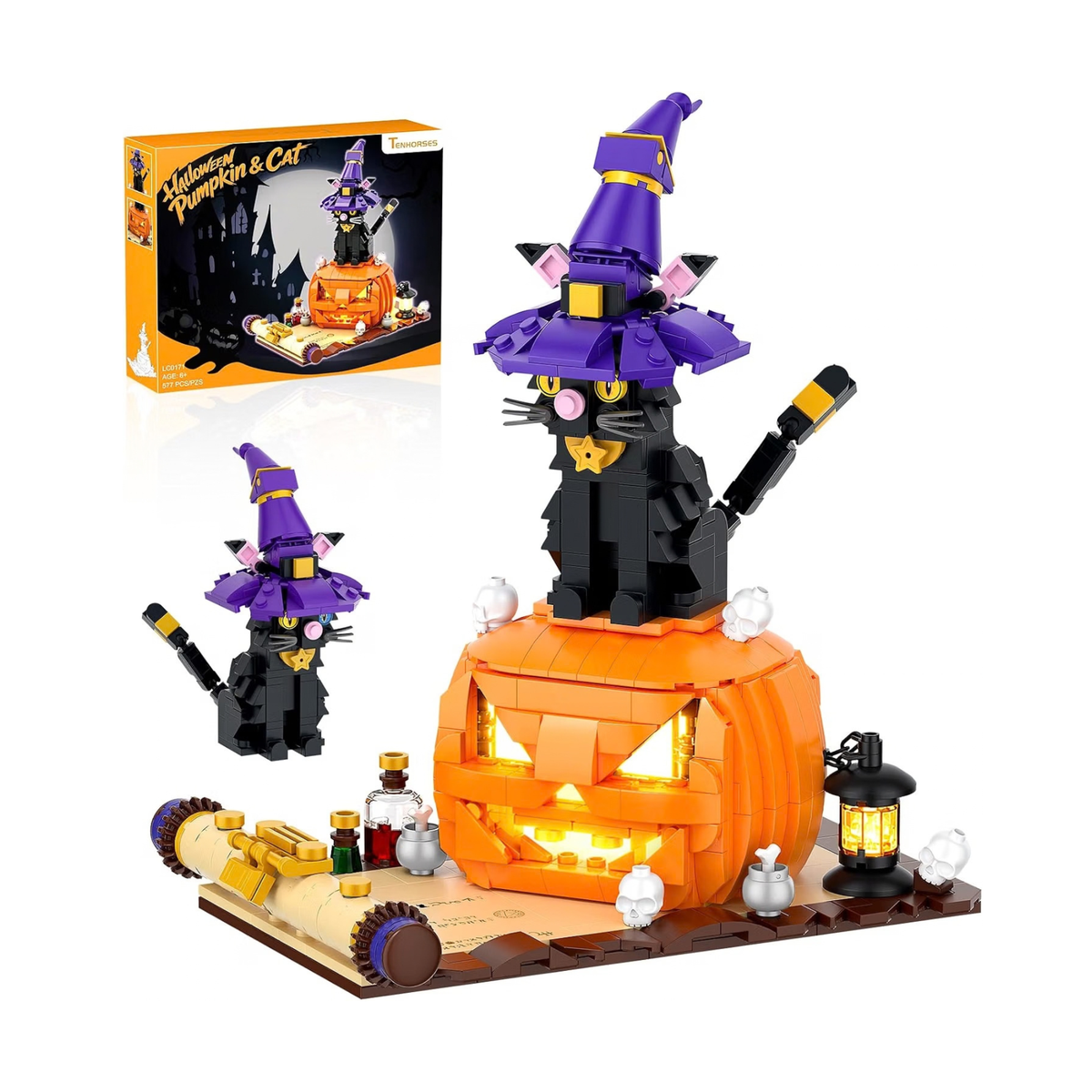 Halloween Pumpkin Witch Black Cat Building Set with Light for Kids