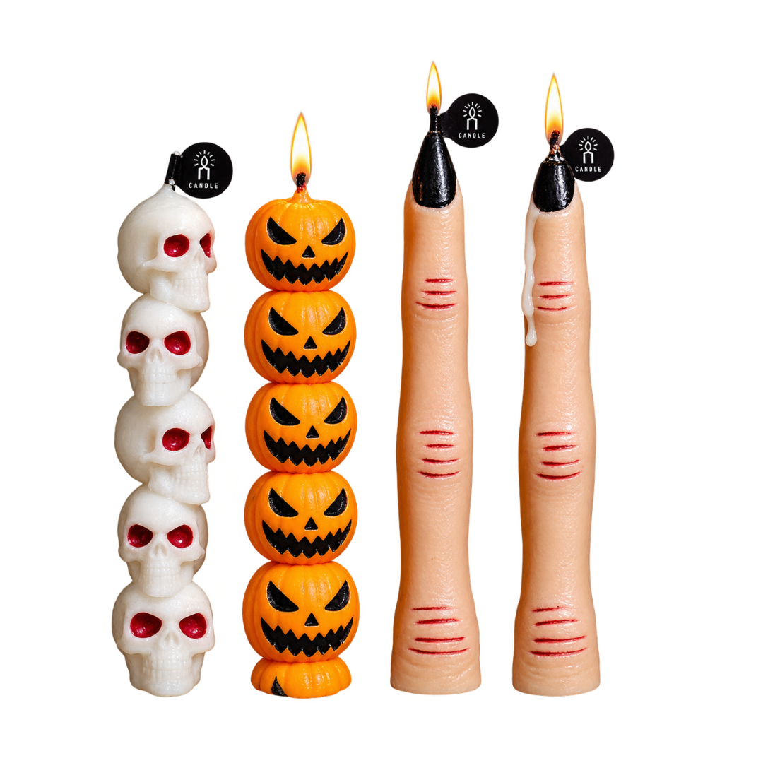 Halloween Scented Candles, Pumpkin, Skeleton & Human Fingers 4-Piece Set