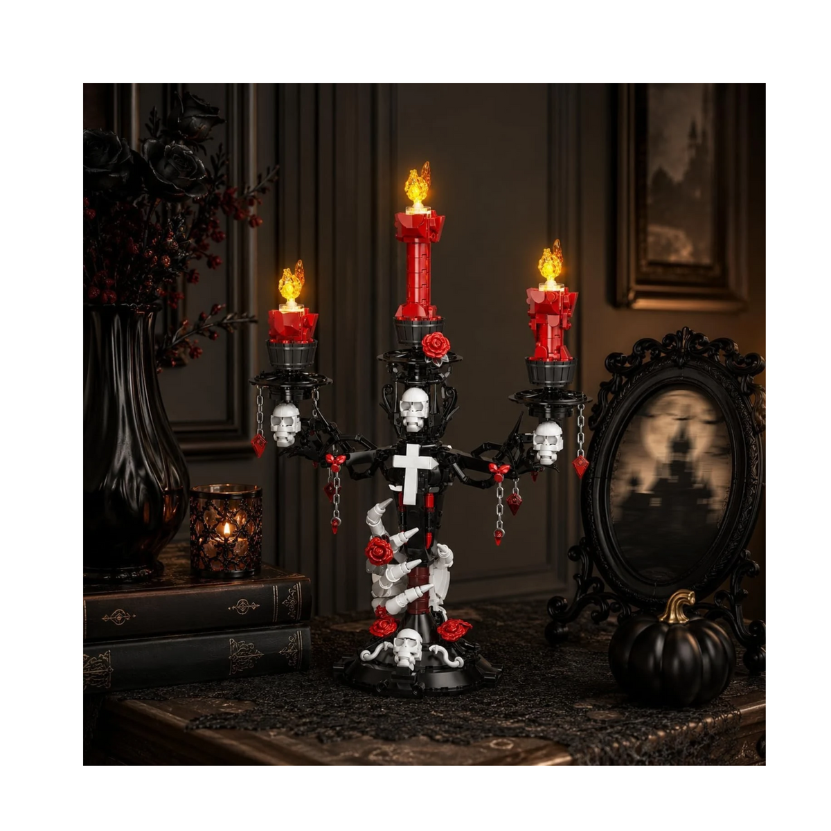 JAKI Gothic Skull Hand & Roses Candelabra Building Kit with LED Light