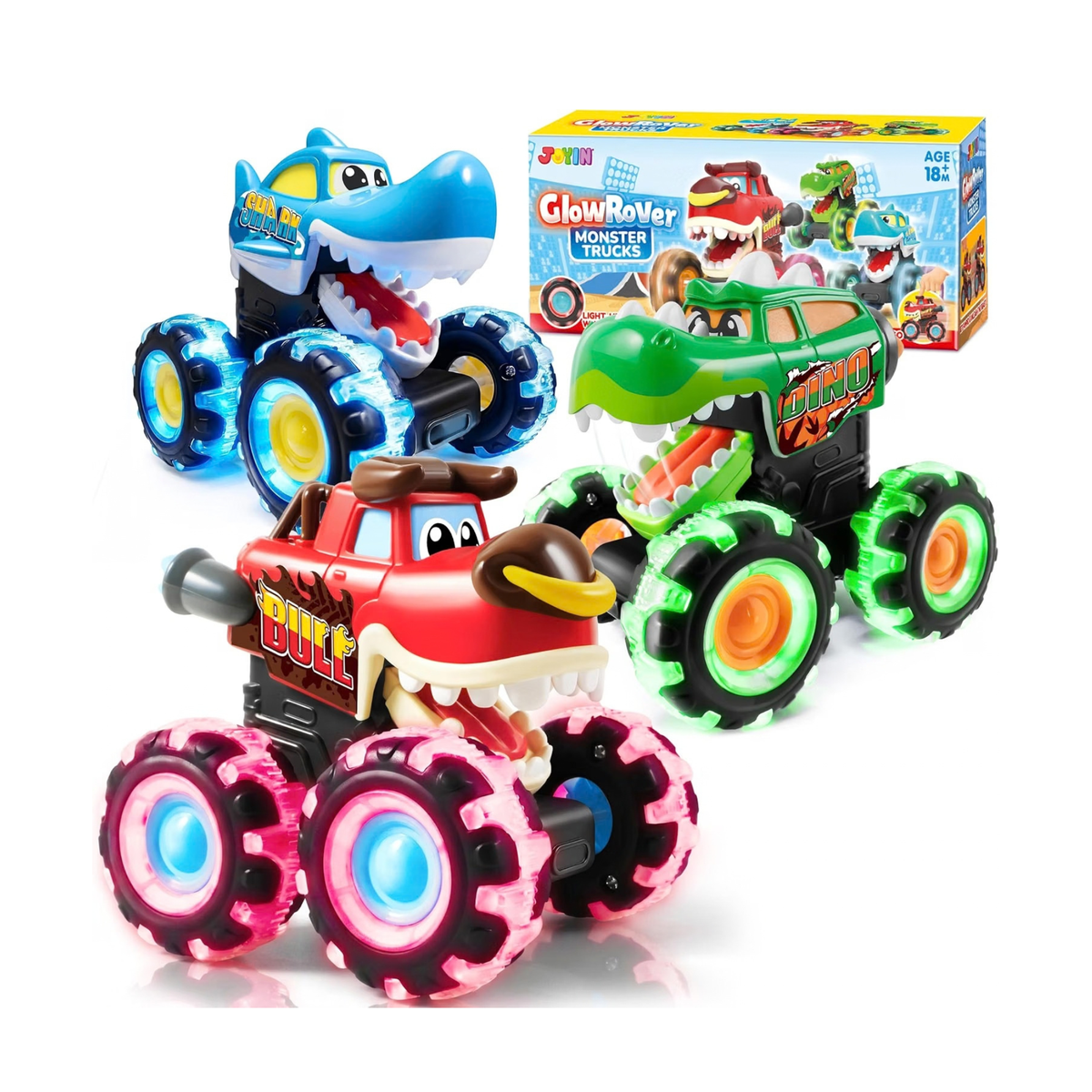 JOYIN 3-Pack Light-Up Dinosaur Monster Trucks
