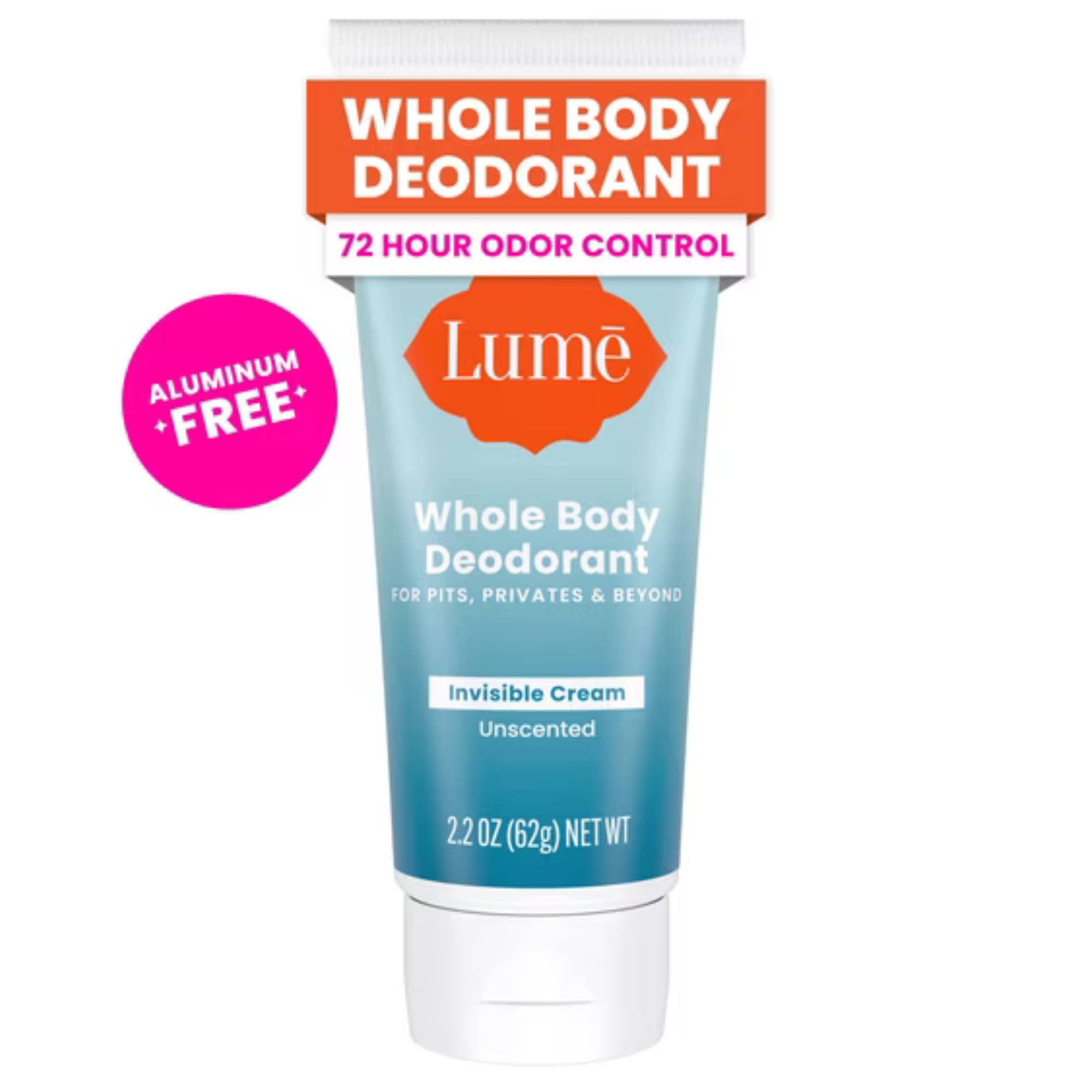 Lume Whole Body Women's Invisible Cream Tube Deodorant, Unscented, Aluminum-Free, 2.2 oz