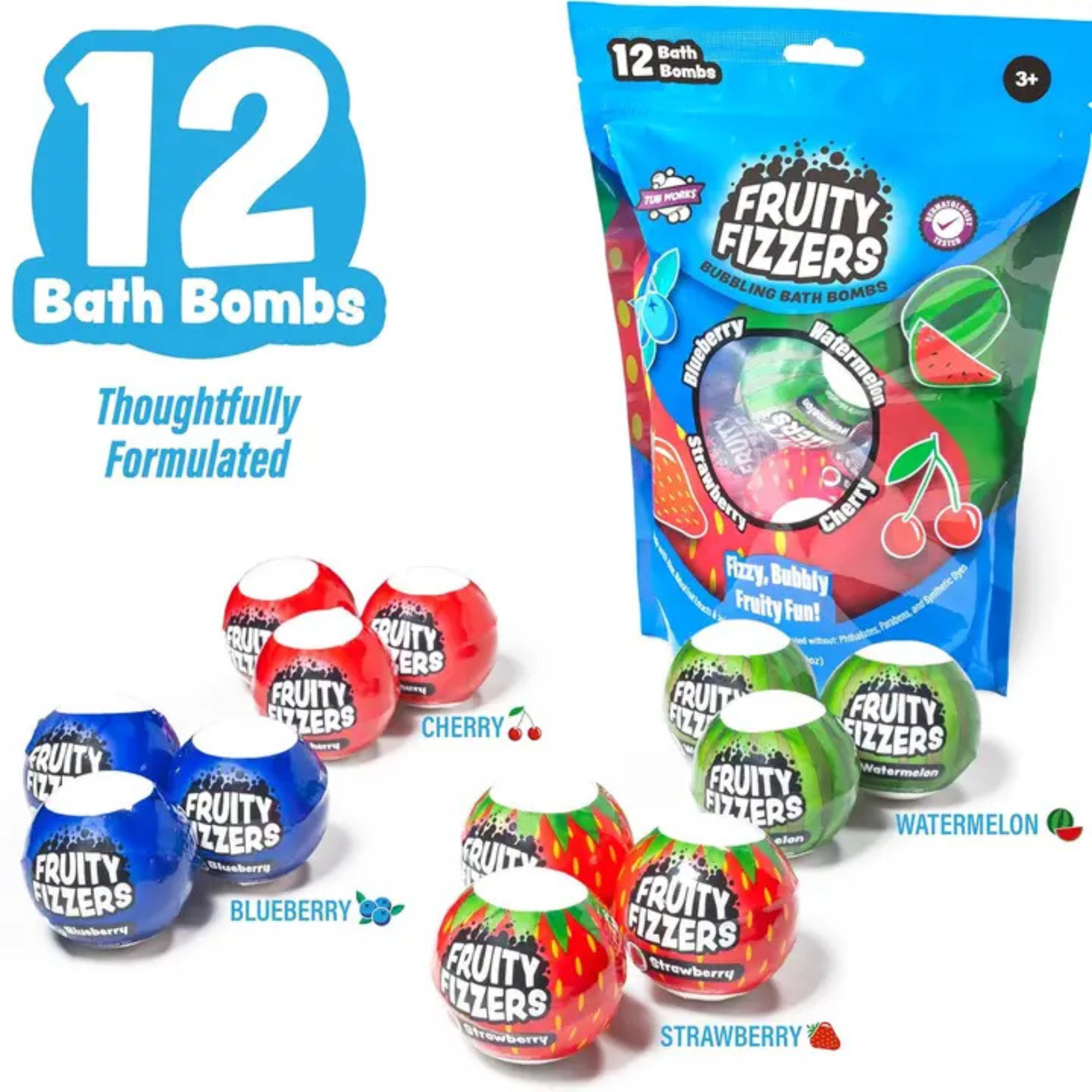Tub Works Fruity Fizzers Bubbling Bath Bombs For Kids, Variety 12 Pack | Dye-Free & Naturally-Derived