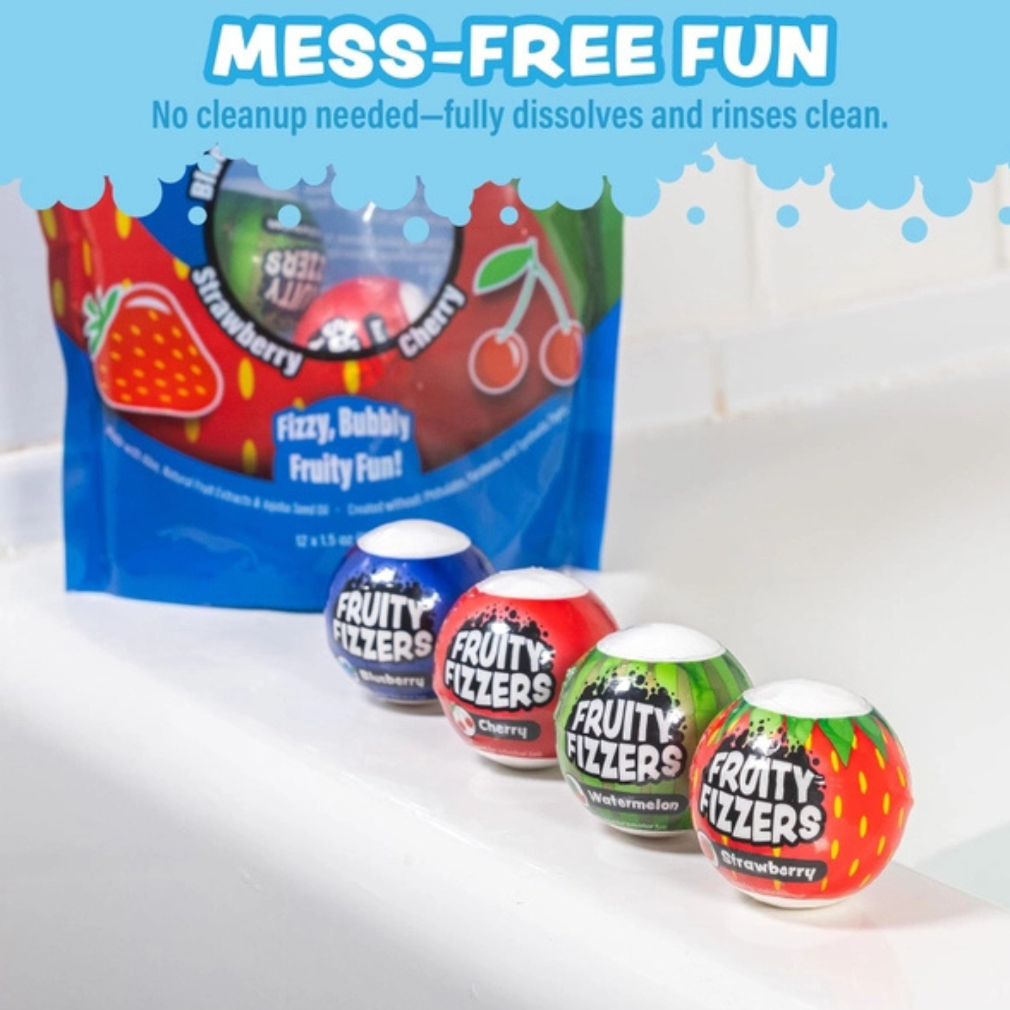 Tub Works Fruity Fizzers Bubbling Bath Bombs For Kids, Variety 12 Pack | Dye-Free & Naturally-Derived