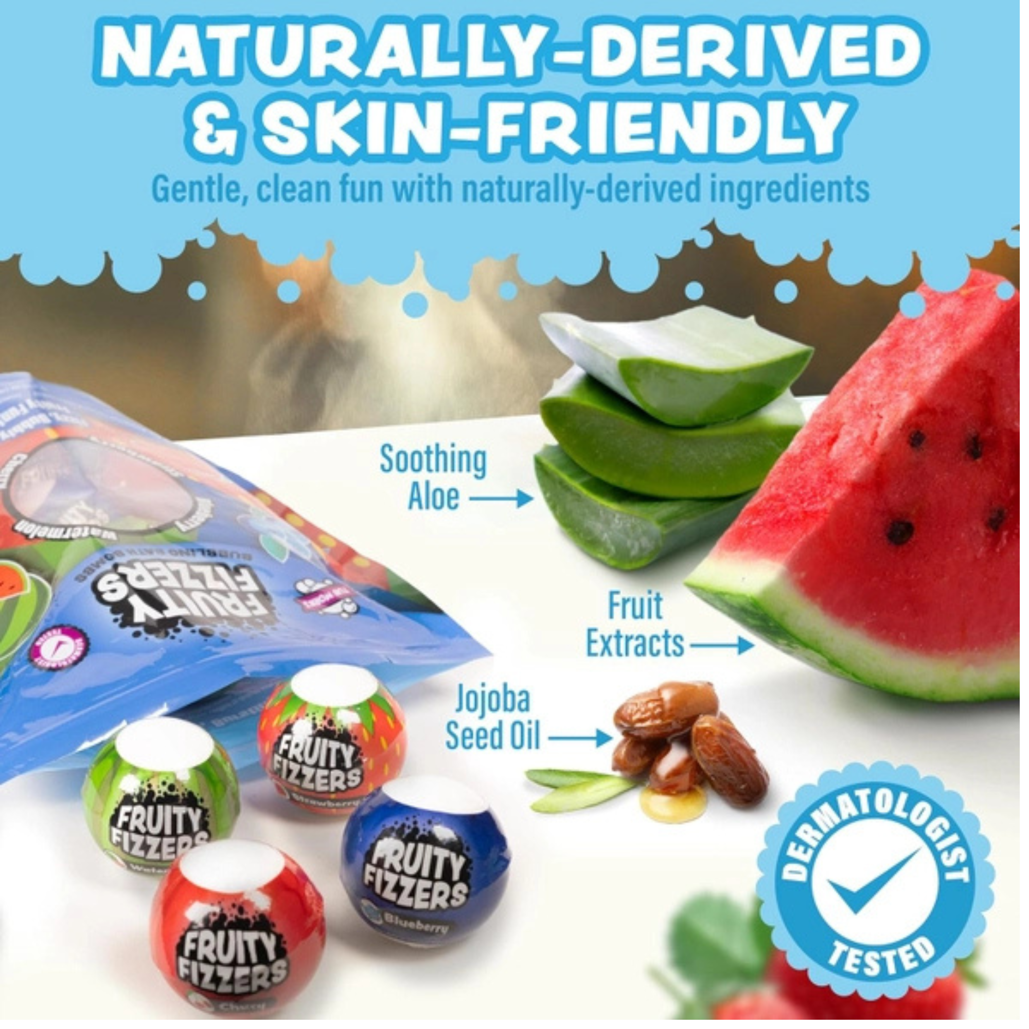Tub Works Fruity Fizzers Bubbling Bath Bombs For Kids, Variety 12 Pack | Dye-Free & Naturally-Derived