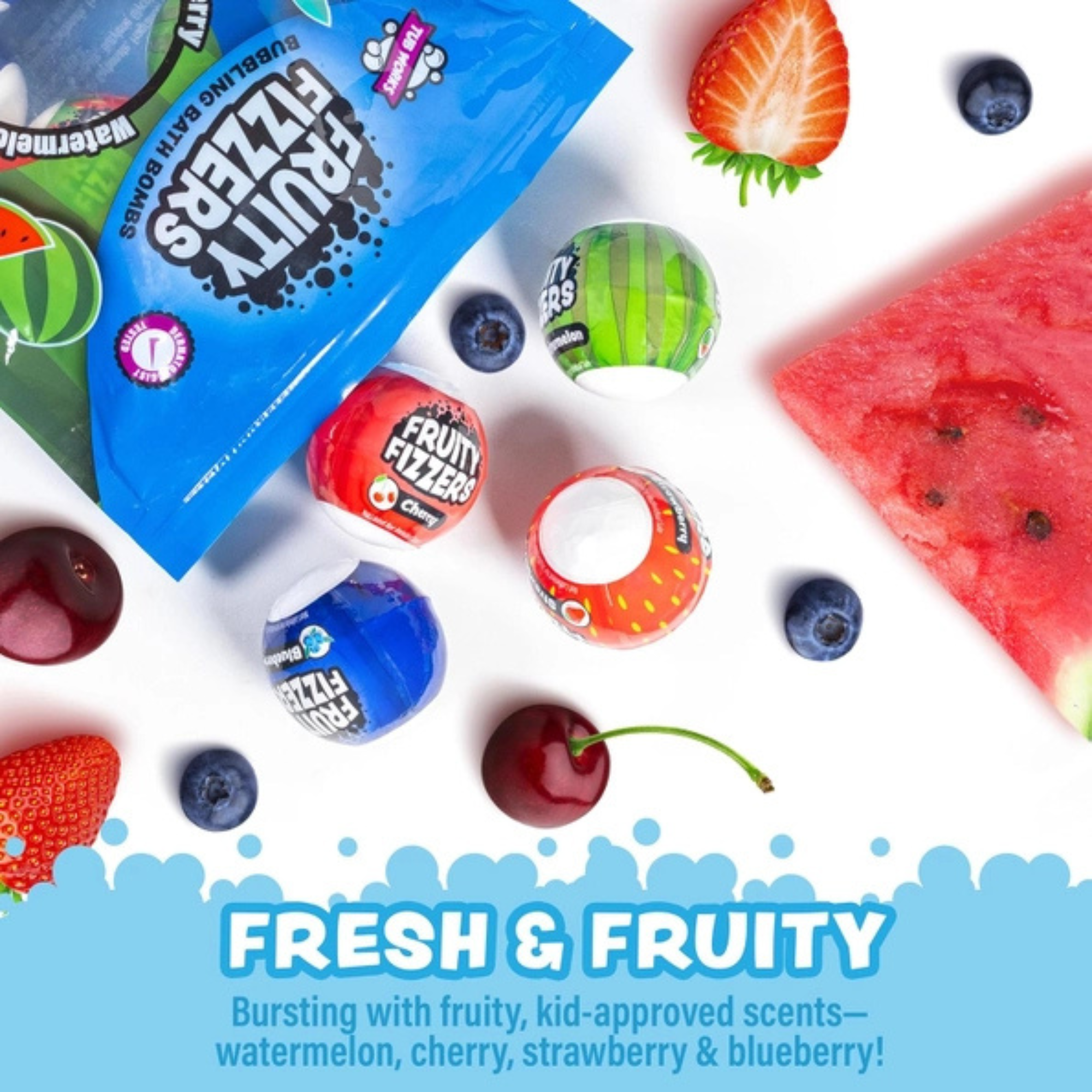 Tub Works Fruity Fizzers Bubbling Bath Bombs For Kids, Variety 12 Pack | Dye-Free & Naturally-Derived