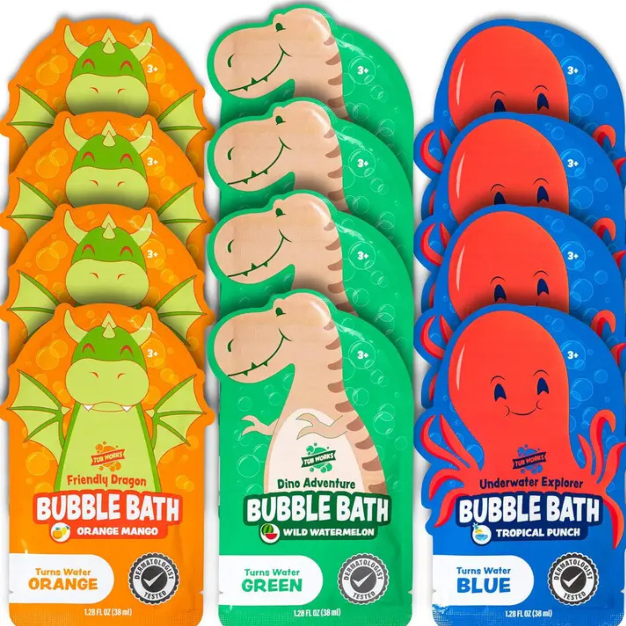 Tub Works Magical Kids Bubble Bath, Variety 12 Pack | Green, Blue & Orange Bath Colors