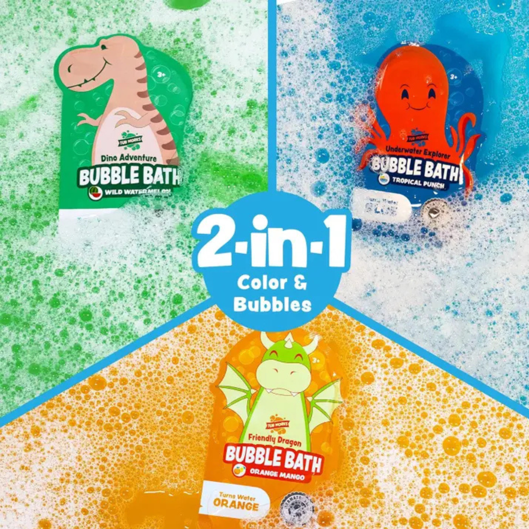Tub Works Magical Kids Bubble Bath, Variety 12 Pack | Green, Blue & Orange Bath Colors