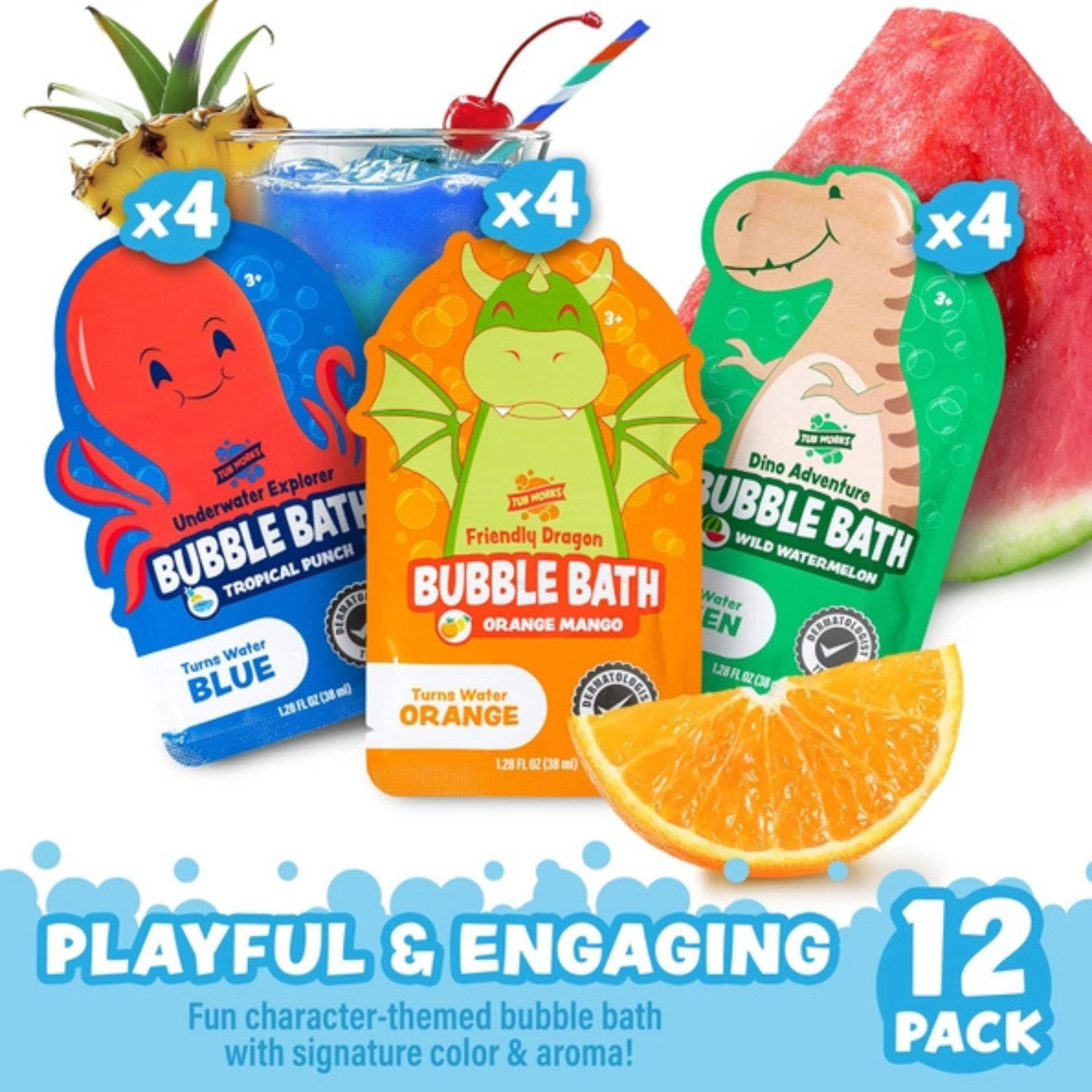 Tub Works Magical Kids Bubble Bath, Variety 12 Pack | Green, Blue & Orange Bath Colors