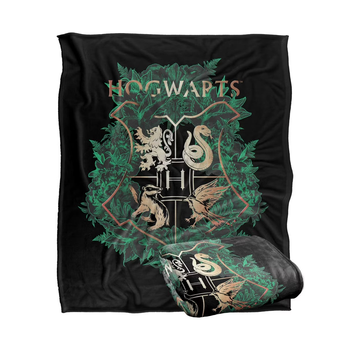 Harry Potter Hogwarts Green & Gold Floral Crest Throw Blanket – 50" x 60"