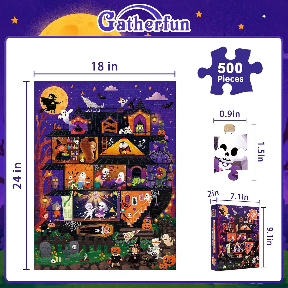 500 Piece Halloween Jigsaw Puzzle for Adults, Trick or Treat Haunted House, 24 x 18 Inch