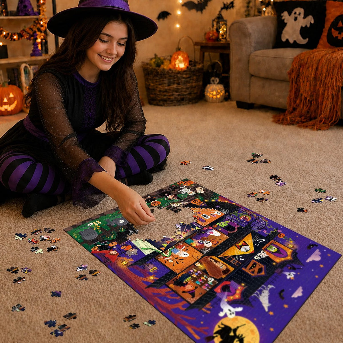 500 Piece Halloween Jigsaw Puzzle for Adults, Trick or Treat Haunted House, 24 x 18 Inch