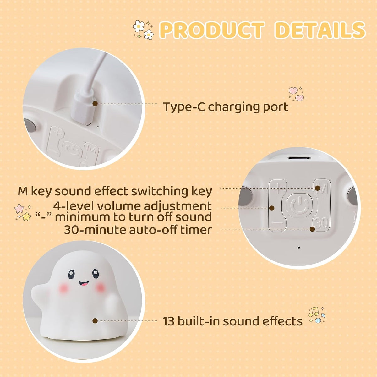 Cute Ghost Night Light for Kids, Interactive Toy Ghost with Music
