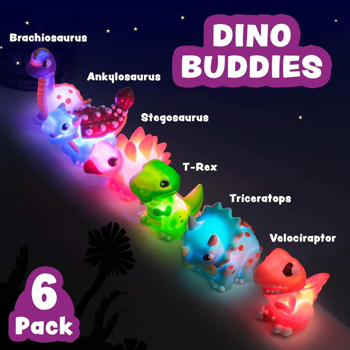 Tub Works Dinos Dinosaur Light-Up Bath Toys, 6 Pack