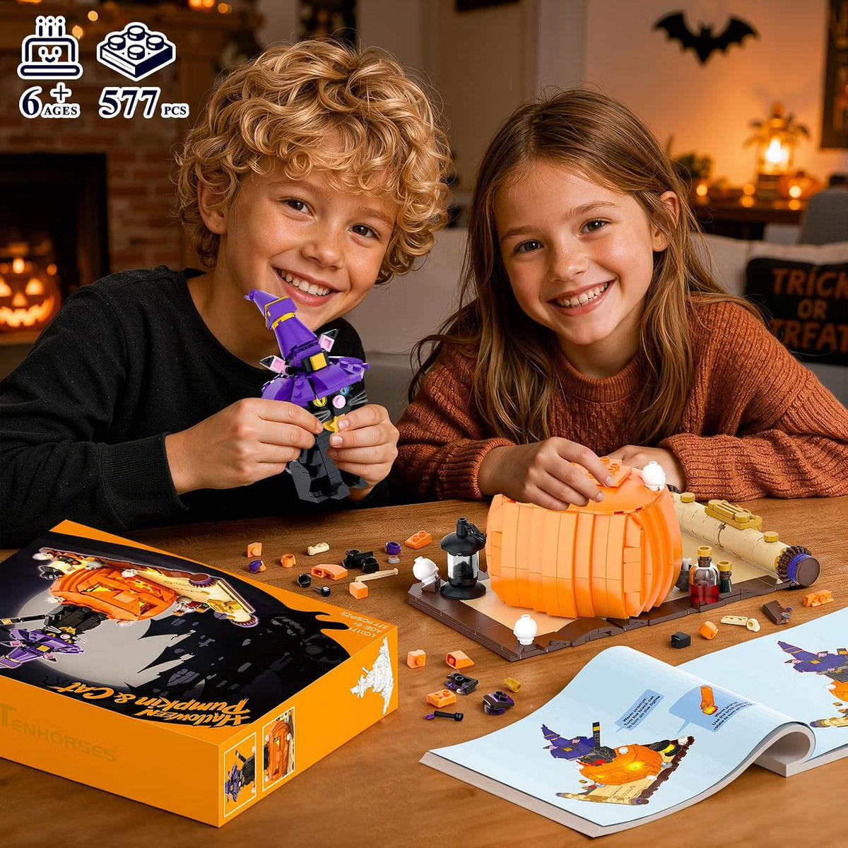 Halloween Pumpkin Witch Black Cat Building Set with Light for Kids