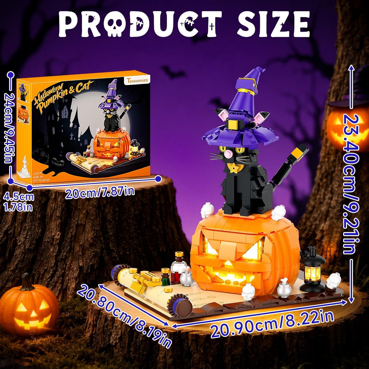 Halloween Pumpkin Witch Black Cat Building Set with Light for Kids