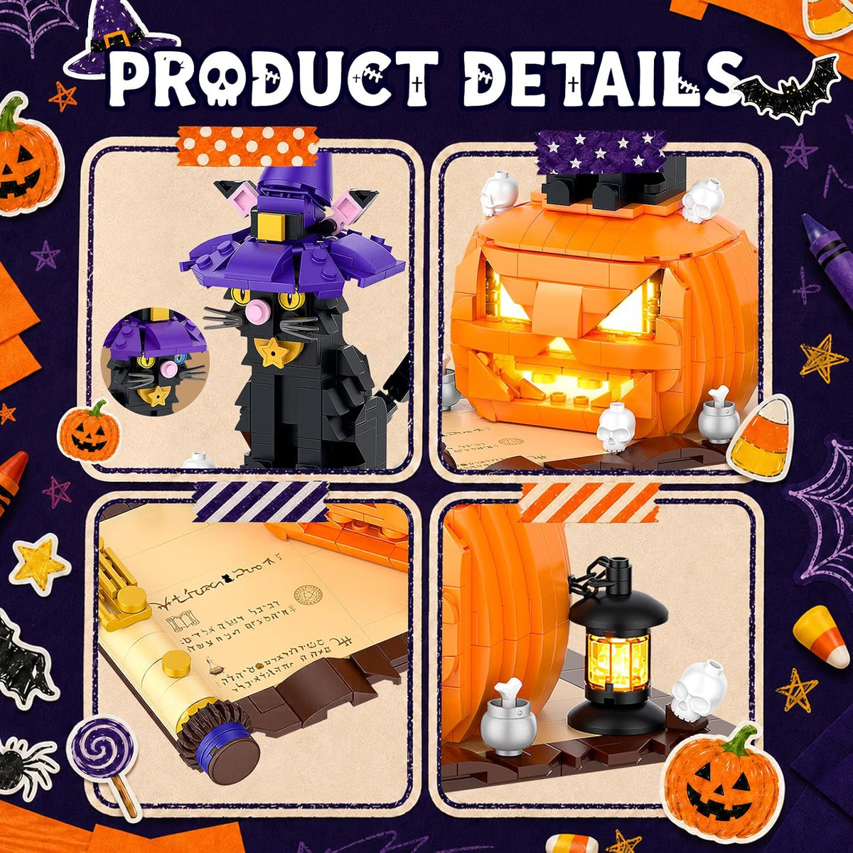 Halloween Pumpkin Witch Black Cat Building Set with Light for Kids