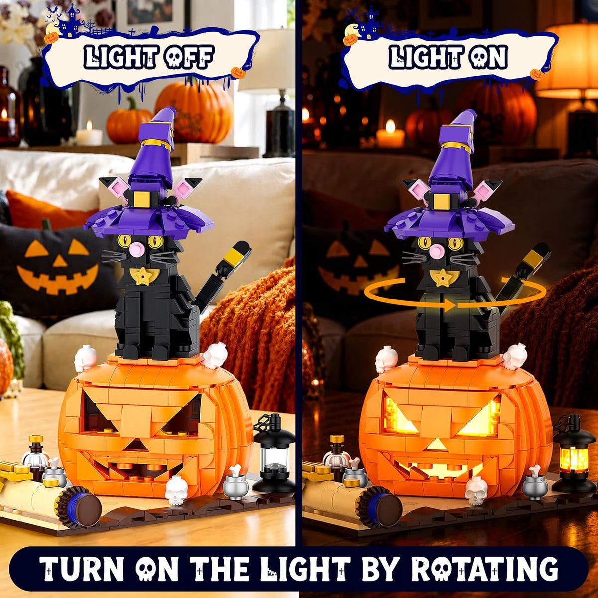 Halloween Pumpkin Witch Black Cat Building Set with Light for Kids