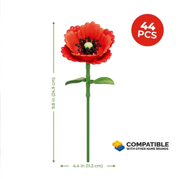 Poppy Flower Building Set, Brick Bouquet Decor 44pc