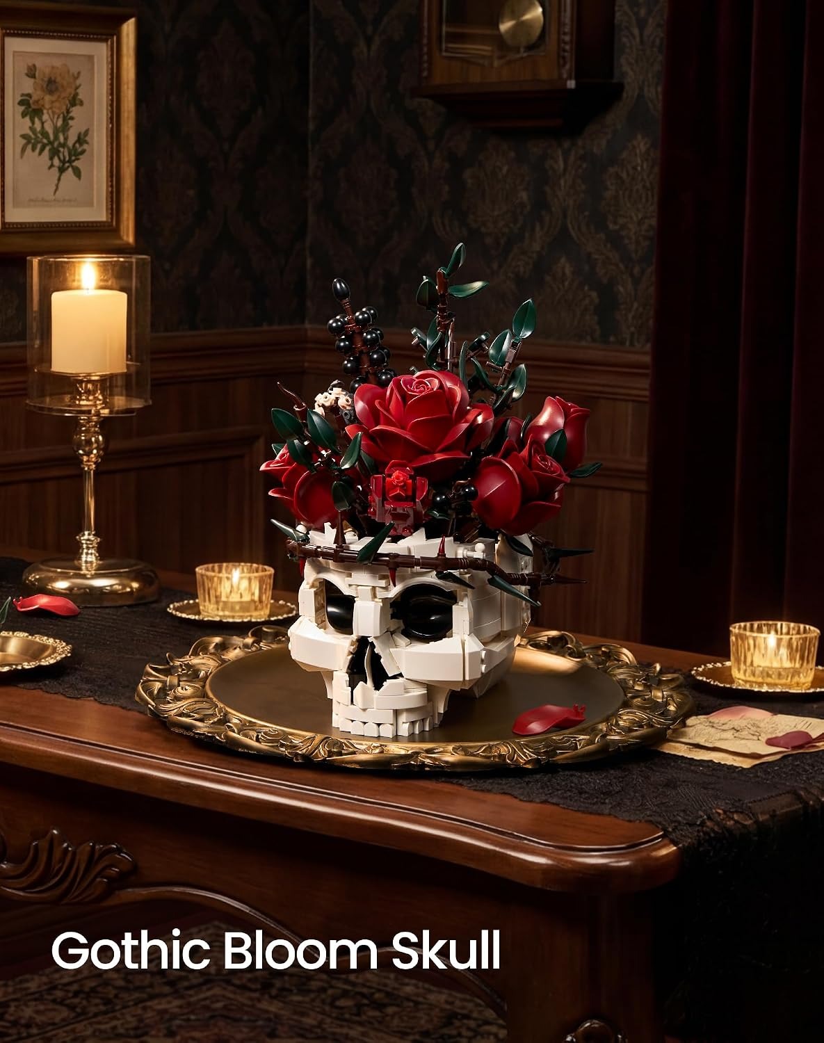 Gothic Skull & Rose Flowers Building Set, Halloween Botanical Brick Kit