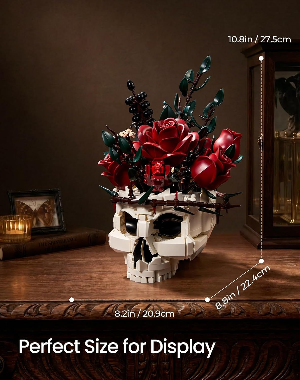 Gothic Skull & Rose Flowers Building Set, Halloween Botanical Brick Kit