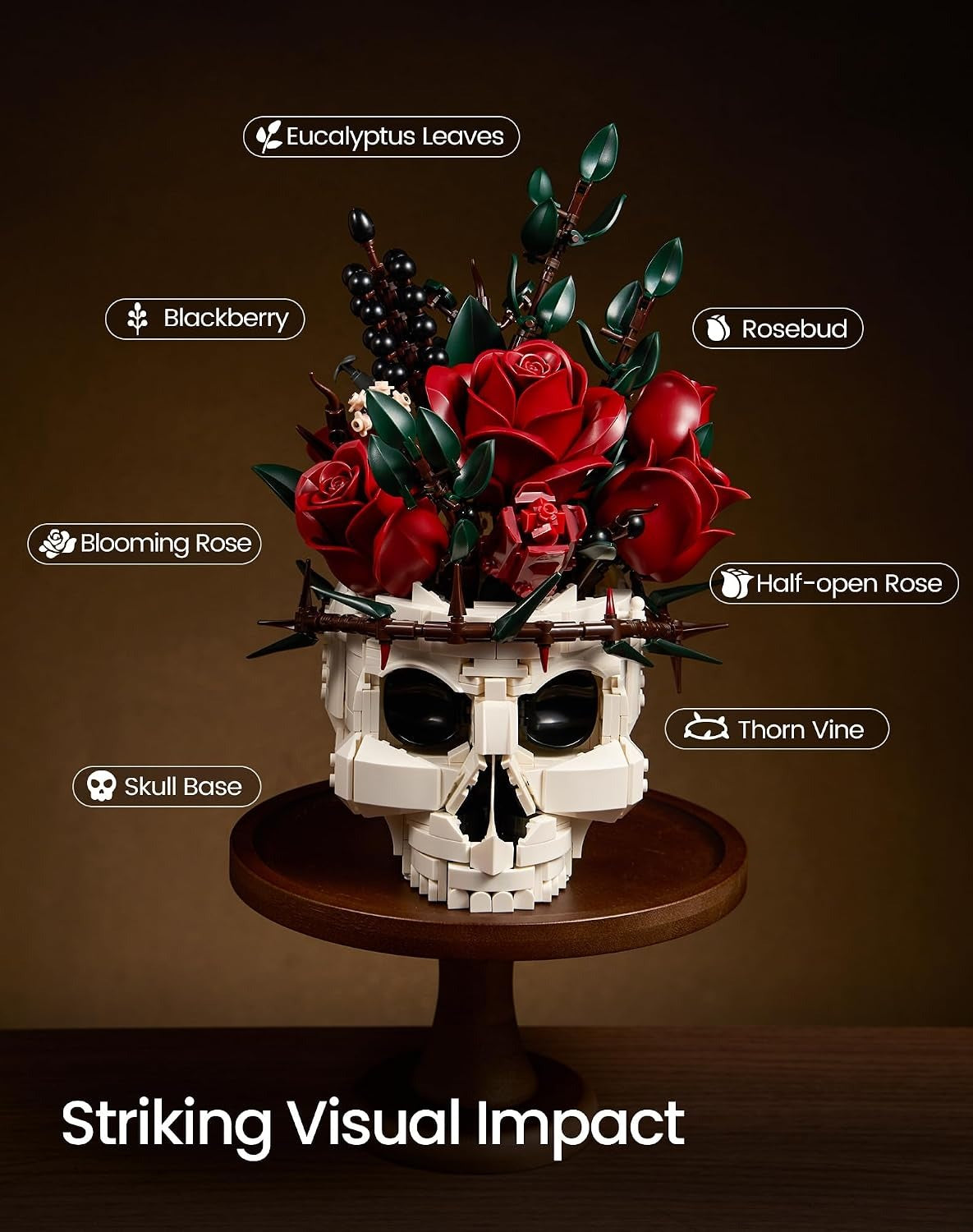 Gothic Skull & Rose Flowers Building Set, Halloween Botanical Brick Kit