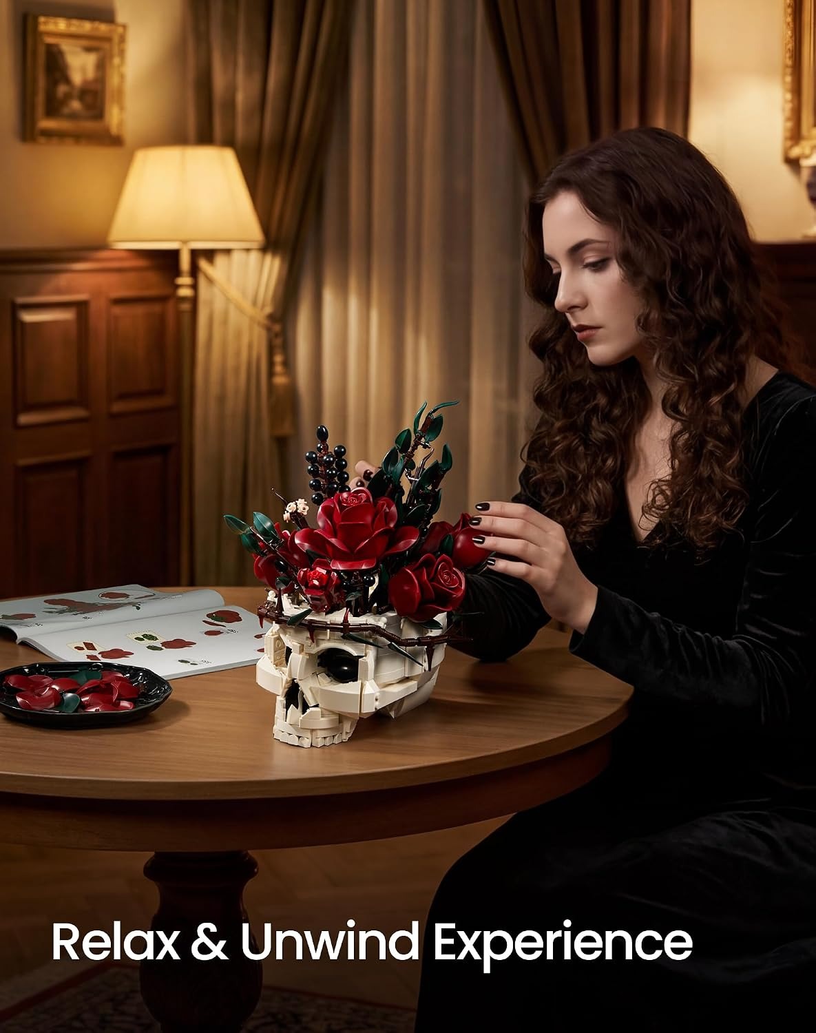 Gothic Skull & Rose Flowers Building Set, Halloween Botanical Brick Kit