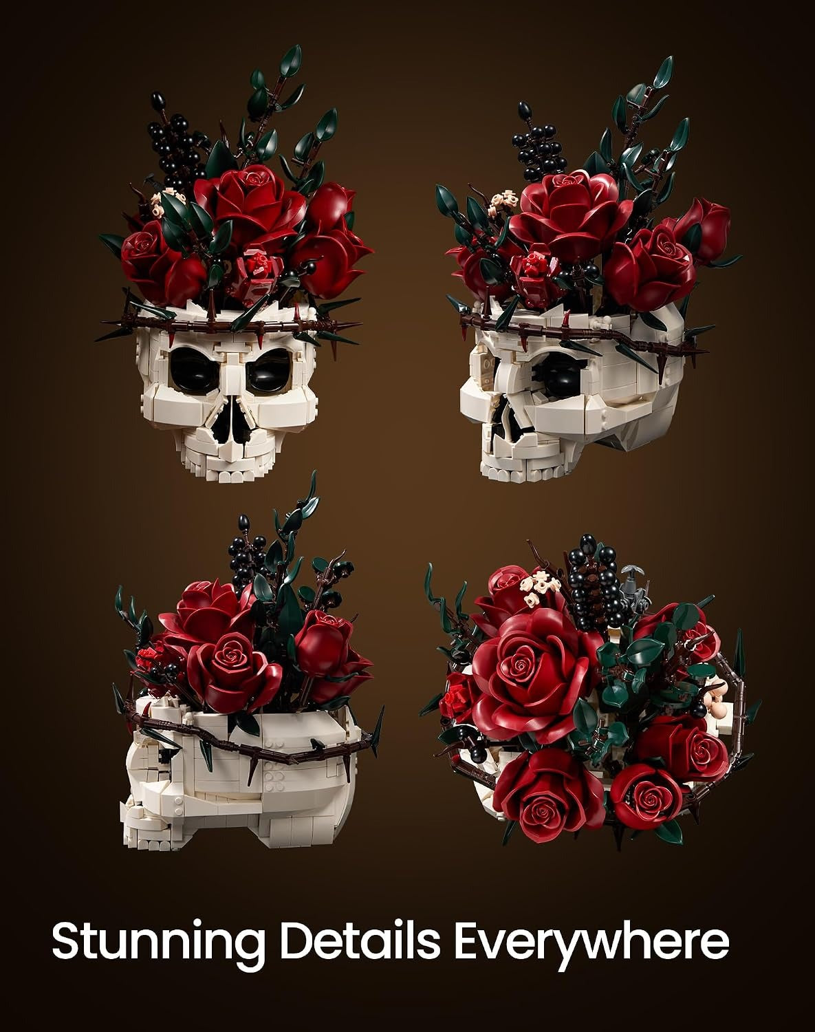 Gothic Skull & Rose Flowers Building Set, Halloween Botanical Brick Kit