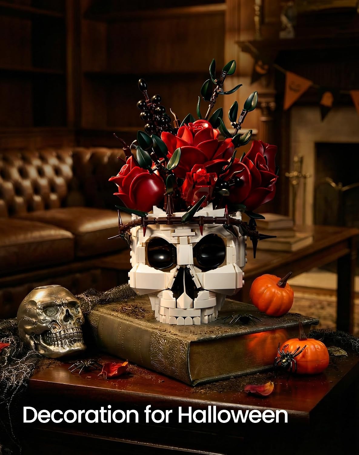 Gothic Skull & Rose Flowers Building Set, Halloween Botanical Brick Kit