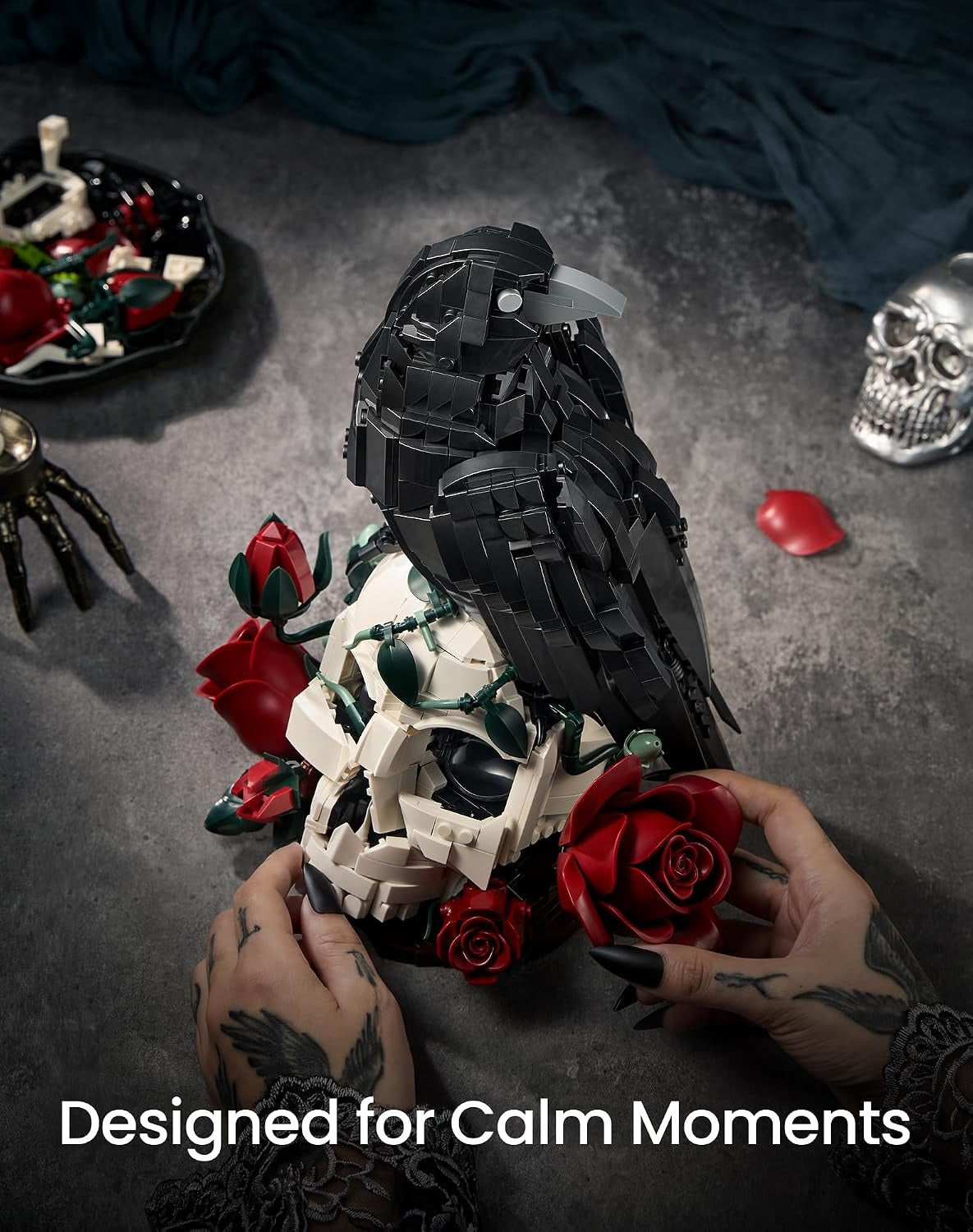 Gothic Skull, Raven & Flowers Halloween Building Blocks Set