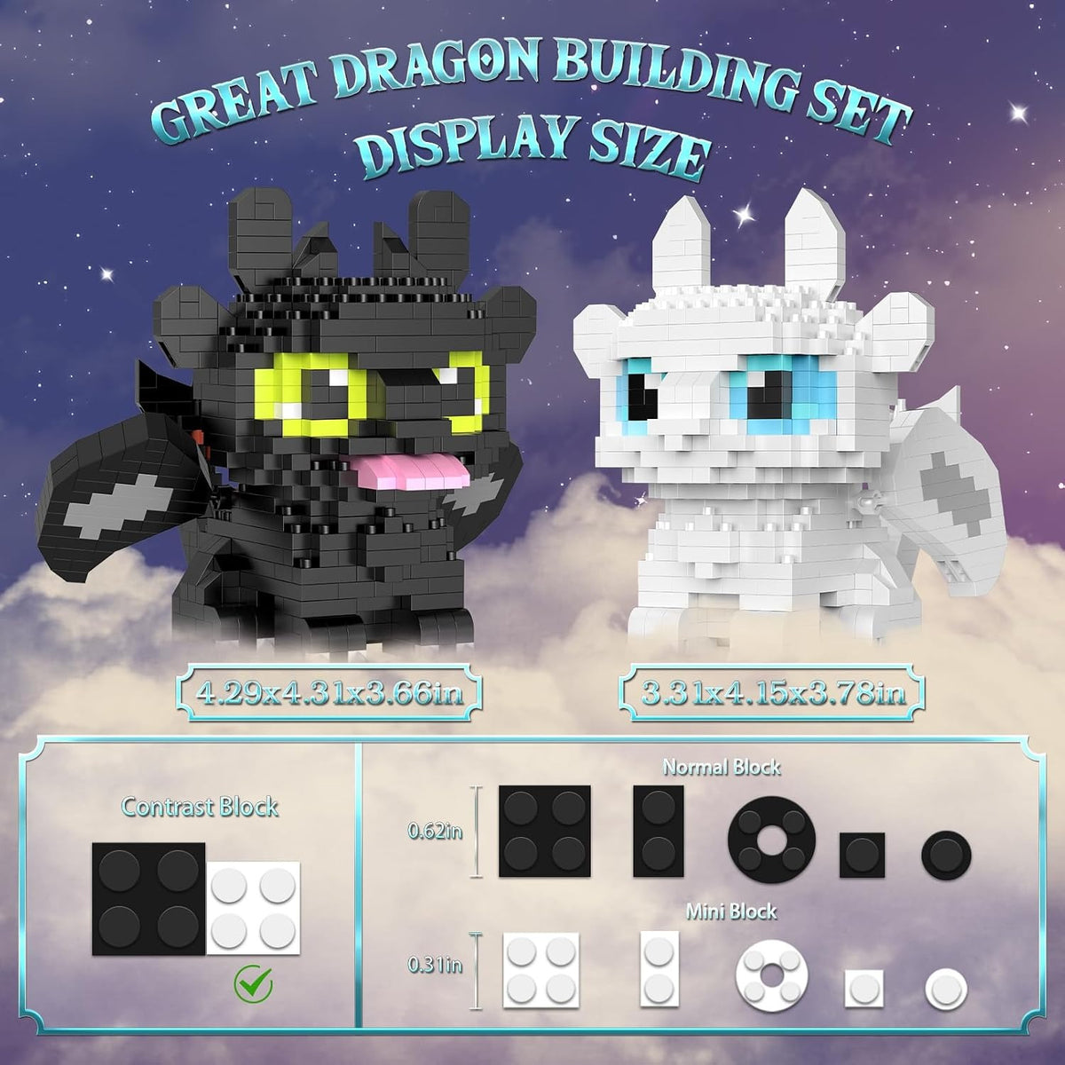 Micro Dragon Building Set, Black & White Dragons, 1,158 Pieces