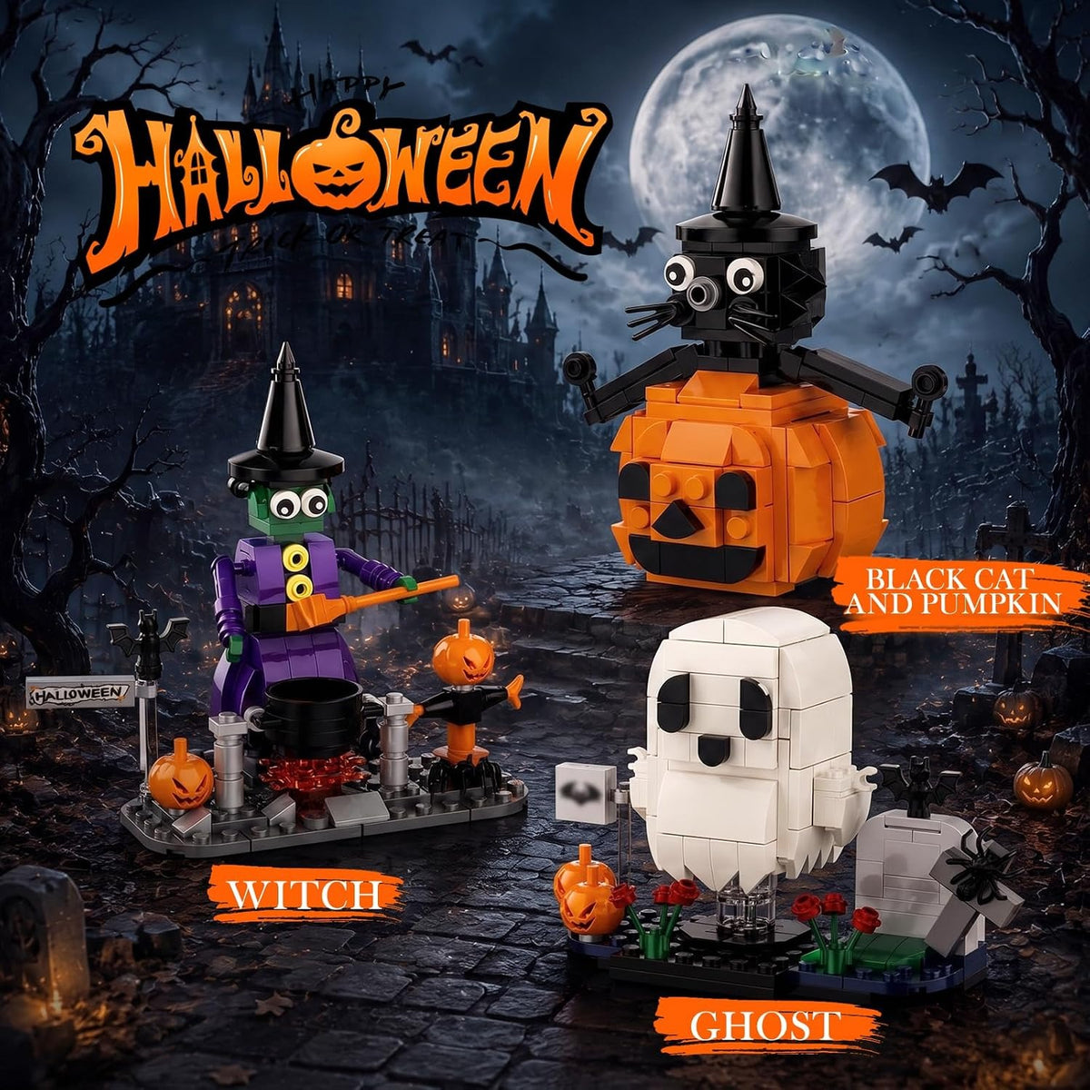 Halloween Building Set – Ghost, Witch, Cat & Pumpkin