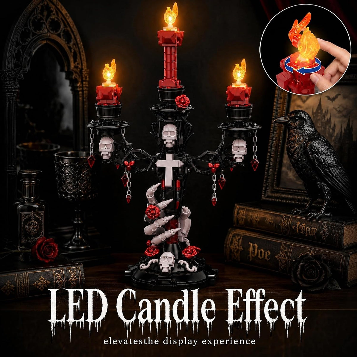JAKI Gothic Skull Hand & Roses Candelabra Building Kit with LED Light