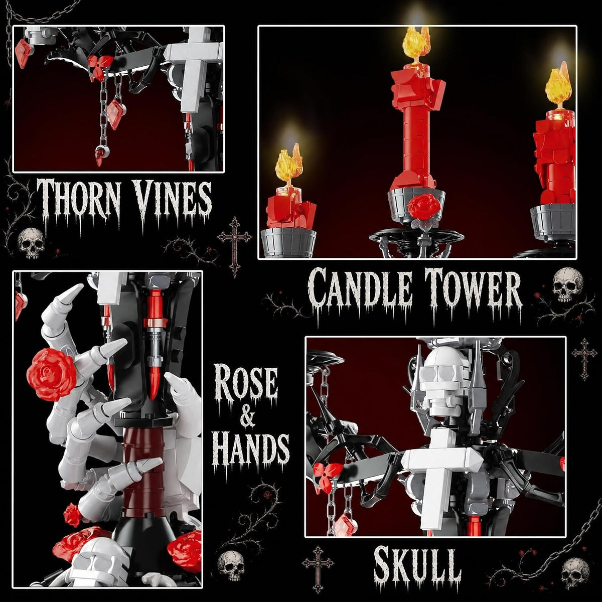 JAKI Gothic Skull Hand & Roses Candelabra Building Kit with LED Light