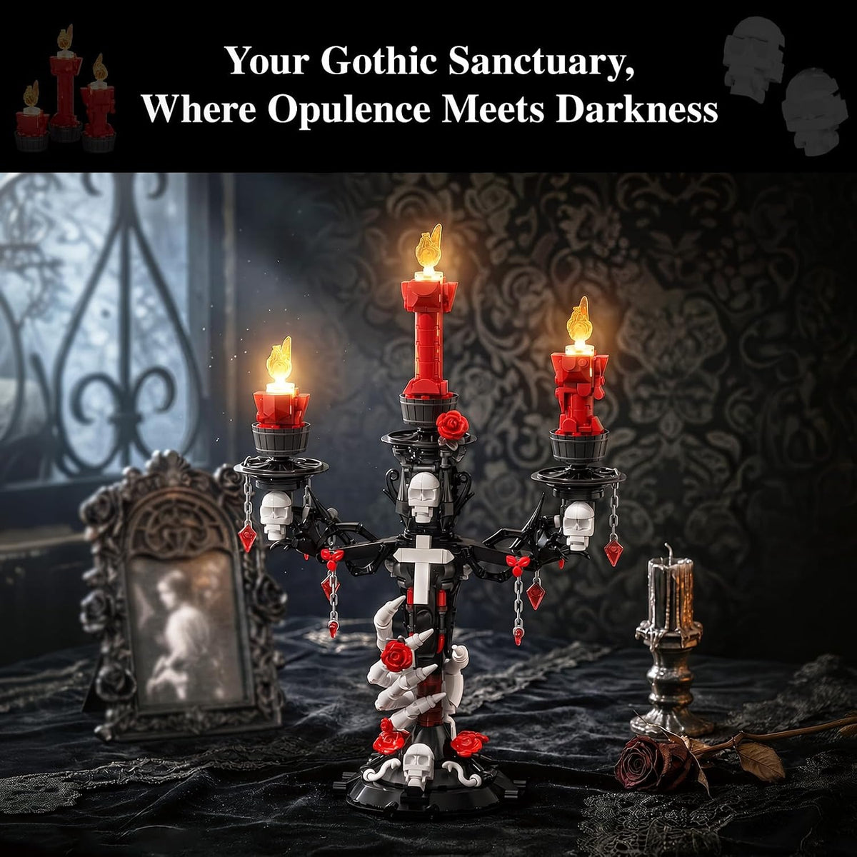 JAKI Gothic Skull Hand & Roses Candelabra Building Kit with LED Light