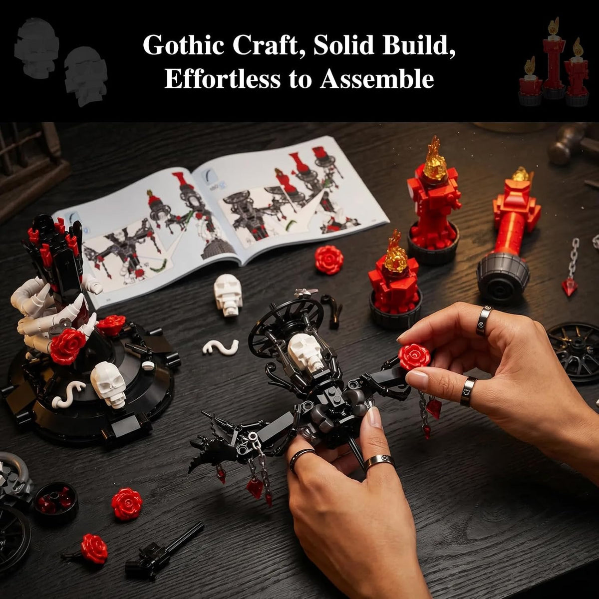 JAKI Gothic Skull Hand & Roses Candelabra Building Kit with LED Light