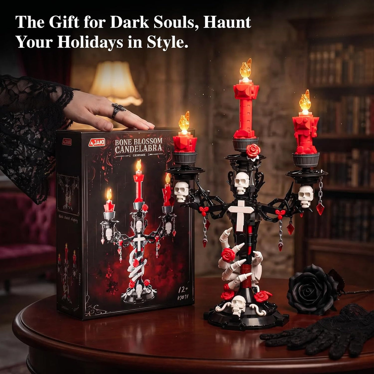 JAKI Gothic Skull Hand & Roses Candelabra Building Kit with LED Light