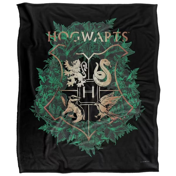 Harry Potter Hogwarts Green & Gold Floral Crest Throw Blanket – 50" x 60"